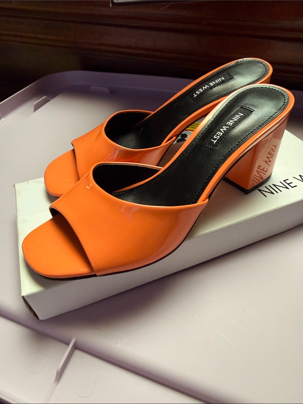 Nine West Orange Patent Open-Toe Slide Heels